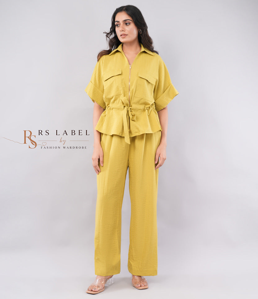 Mustard Yellow Drawstring Safari Top & Wide-Leg Pants Co-ord Set