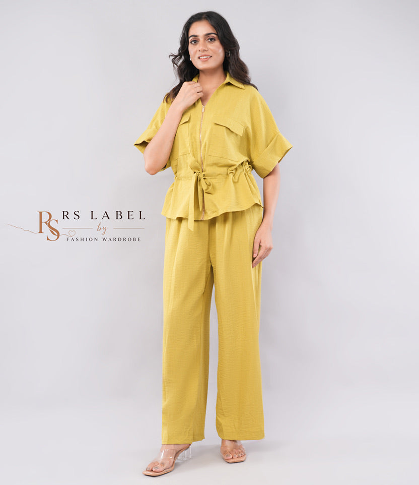 Mustard Yellow Drawstring Safari Top & Wide-Leg Pants Co-ord Set
