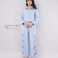 Powder Blue Cutwork Lace Cropped Shirt & Wide-Leg Pants Co-ord Set