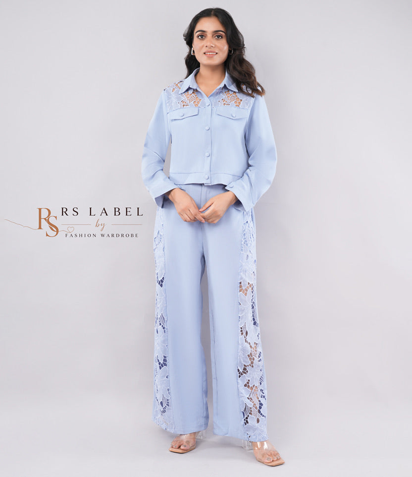 Powder Blue Cutwork Lace Cropped Shirt & Wide-Leg Pants Co-ord Set