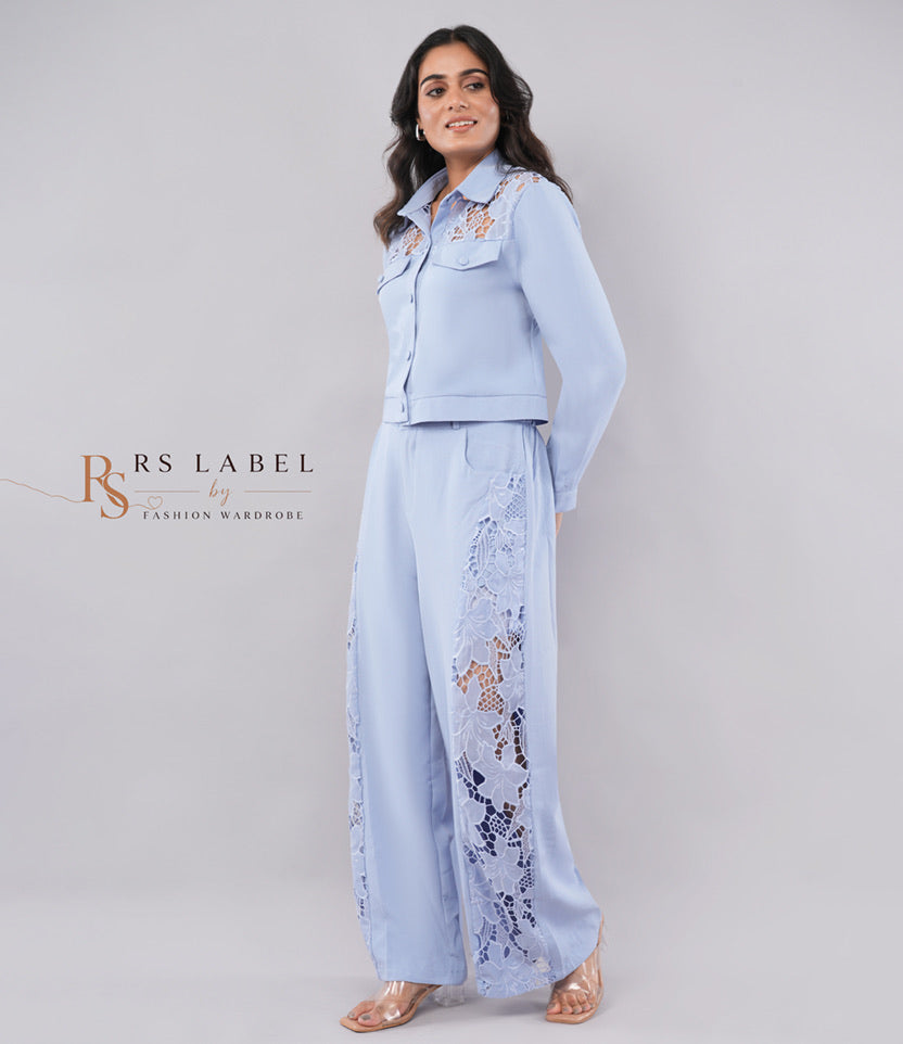 Powder Blue Cutwork Lace Cropped Shirt & Wide-Leg Pants Co-ord Set