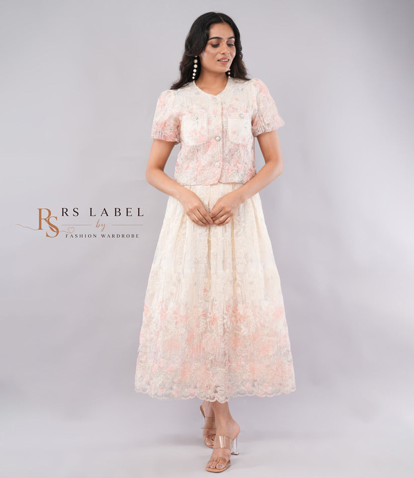 Ivory & Peach Floral Lace Pearl-Trimmed Jacket & Midi Skirt Co-ord Set