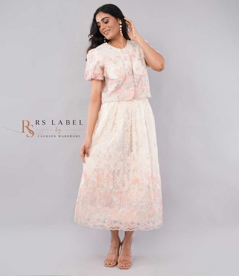 Ivory & Peach Floral Lace Pearl-Trimmed Jacket & Midi Skirt Co-ord Set