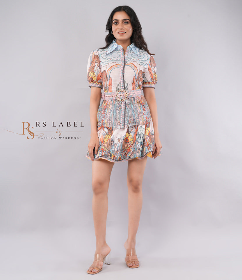Multicolor Illustrated Art Print Tiered Skater  with Belt