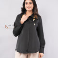 Black Satin Button-Down Shirt with Gold Key & Pearl Collar Charms