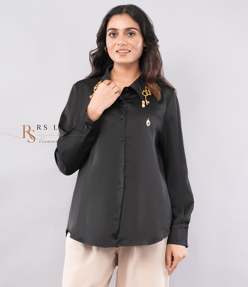 Black Satin Button-Down Shirt with Gold Key & Pearl Collar Charms
