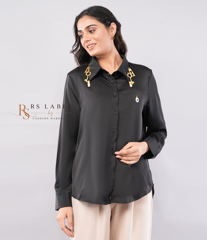 Black Satin Button-Down Shirt with Gold Key & Pearl Collar Charms