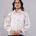 Floral Embroidered Sheer Organza Button-Down Shirt with Lace Collar