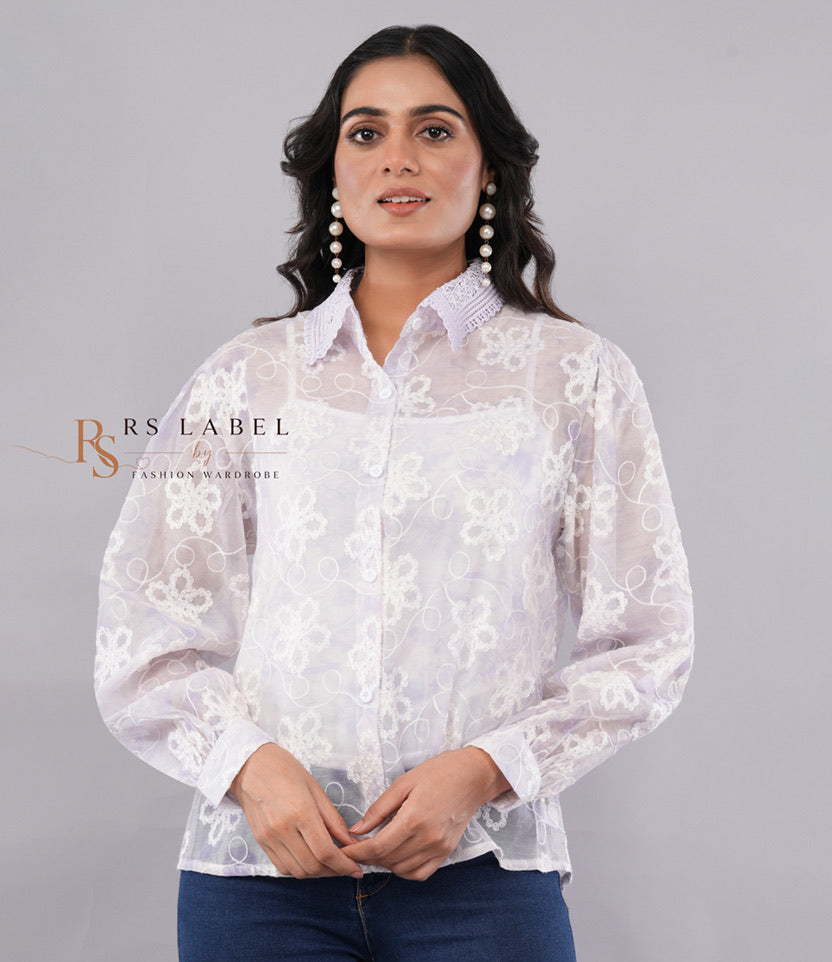 Floral Embroidered Sheer Organza Button-Down Shirt with Lace Collar