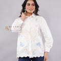 3D Butterfly & Floral Embroidered Scalloped Button-Down Shirt