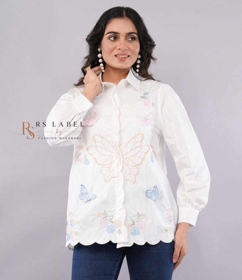 3D Butterfly & Floral Embroidered Scalloped Button-Down Shirt