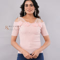 Pearl & 3D Floral Embellished Cold-Shoulder Ribbed Knit Top