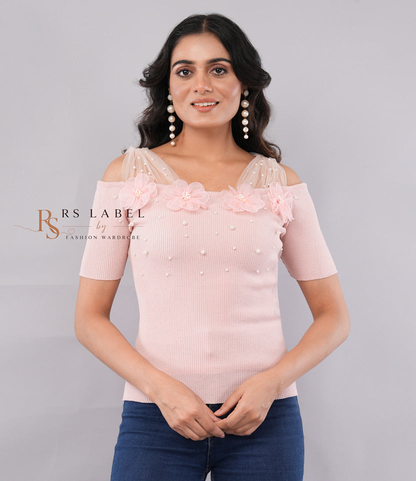 Pearl & 3D Floral Embellished Cold-Shoulder Ribbed Knit Top