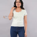 Feather & Floral Sequin Embellished Short-Sleeve Knit Top