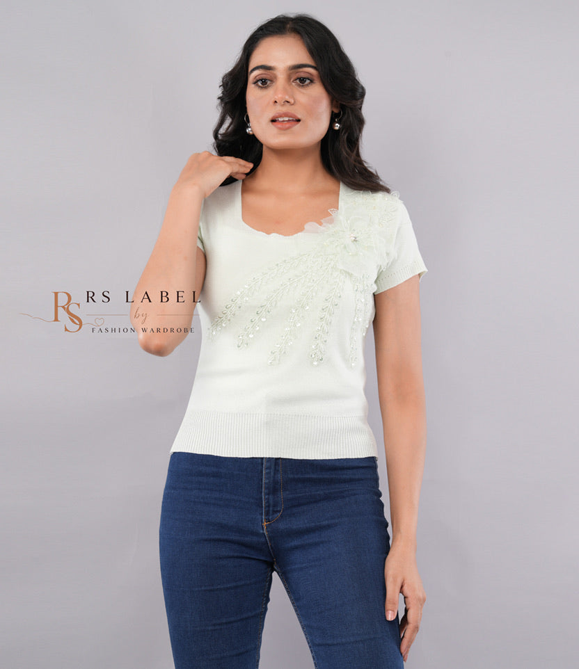 Feather & Floral Sequin Embellished Short-Sleeve Knit Top