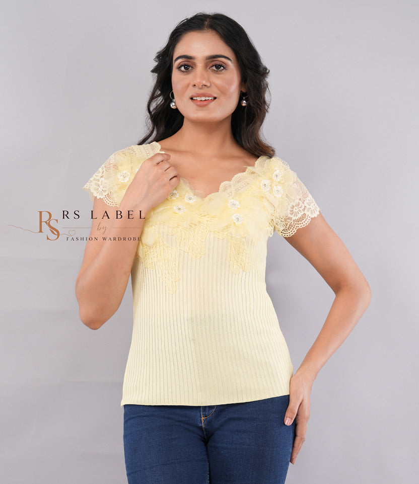 Floral Lace Trim V-Neck Ribbed Knit Top