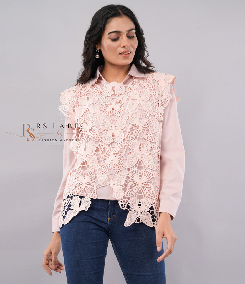 Butterfly Crochet Lace Vest & Button-Down Shirt Set