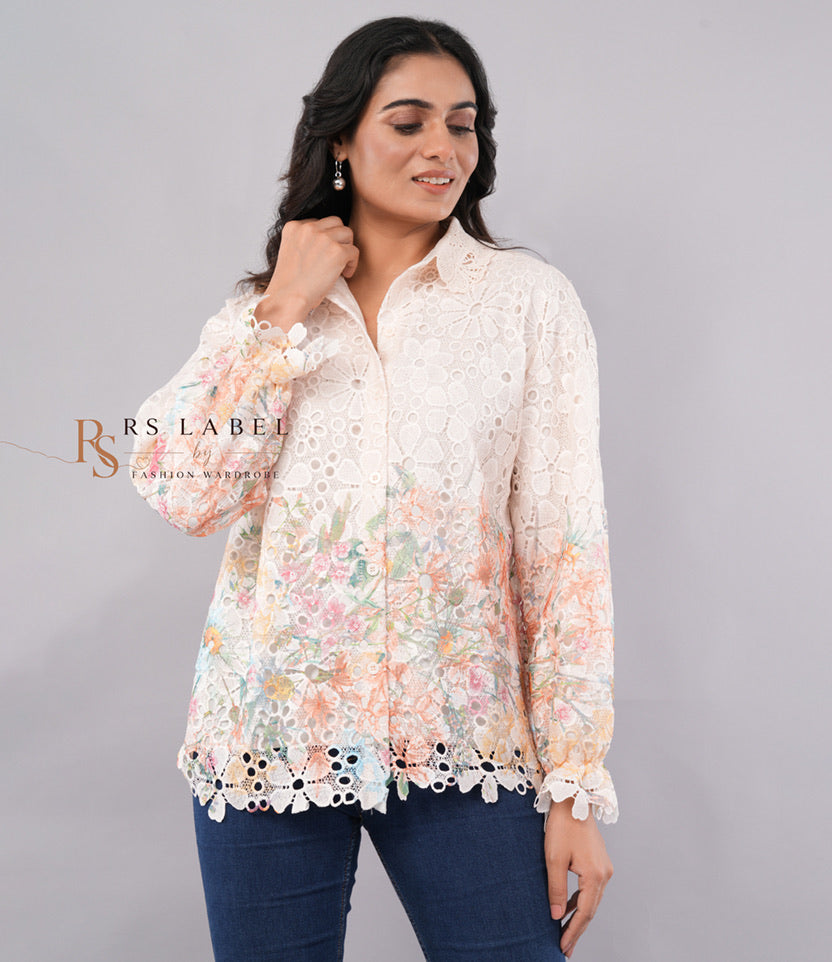 Pastel Floral  Cutwork Lace Button-Down Shirt