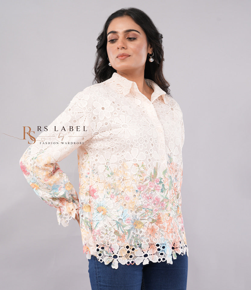Pastel Floral  Cutwork Lace Button-Down Shirt
