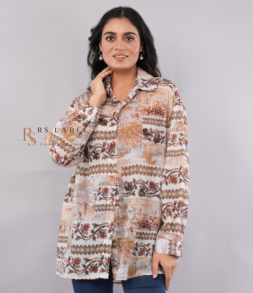 Vintage Floral Print Crystal & Beaded Embellished Button-Down Shirt