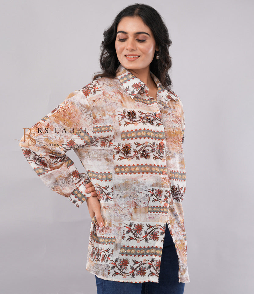 Vintage Floral Print Crystal & Beaded Embellished Button-Down Shirt
