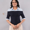 Layered Look Light Blue Shirt Collar & Navy Off-Shoulder Ribbed Knit Top