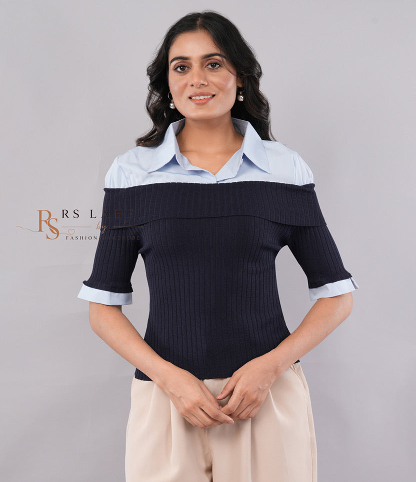 Layered Look Light Blue Shirt Collar & Navy Off-Shoulder Ribbed Knit Top
