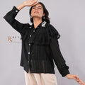 Pearl-Beaded Collar Ruffled Lace Button-Down Shirt