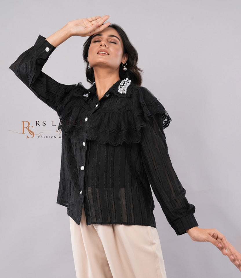 Pearl-Beaded Collar Ruffled Lace Button-Down Shirt