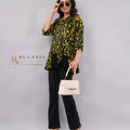 Olive Green & Black Damask Print Crystal Embellished Round-Neck Tunic