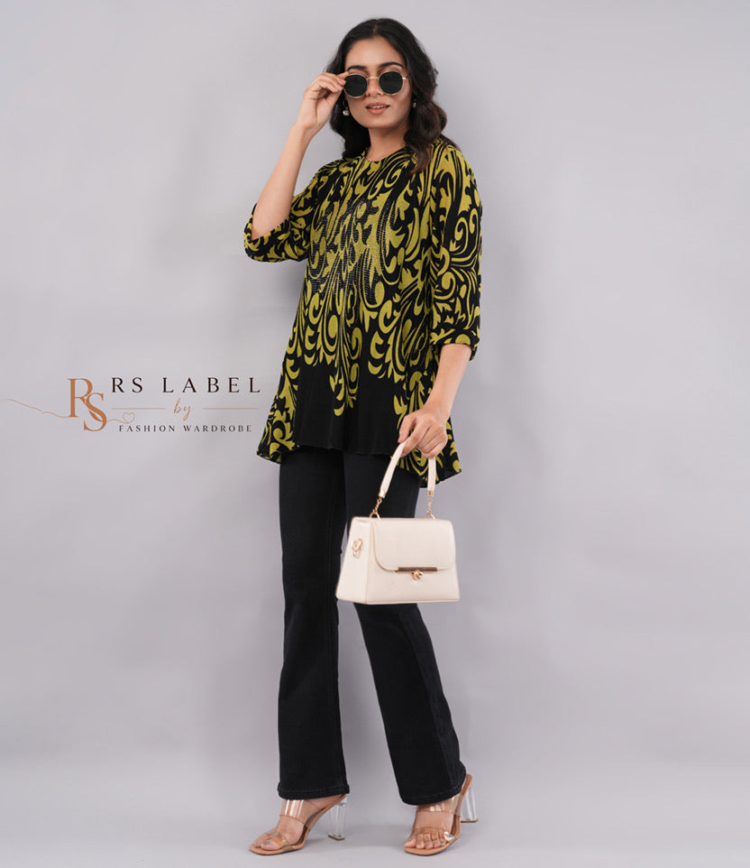 Olive Green & Black Damask Print Crystal Embellished Round-Neck Tunic