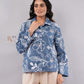 Blue Floral Embroidered & Copper Sequin Outline Button-Down Shirt