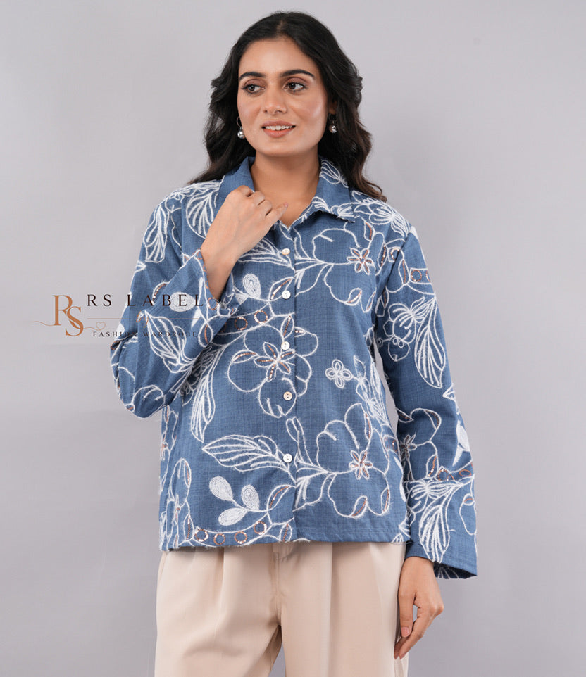 Blue Floral Embroidered & Copper Sequin Outline Button-Down Shirt