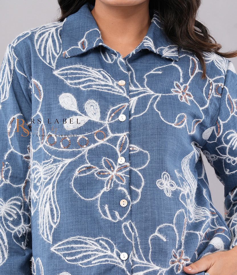 Blue Floral Embroidered & Copper Sequin Outline Button-Down Shirt