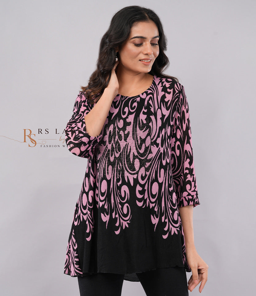Olive Green & Black Damask Print Crystal Embellished Round-Neck Tunic