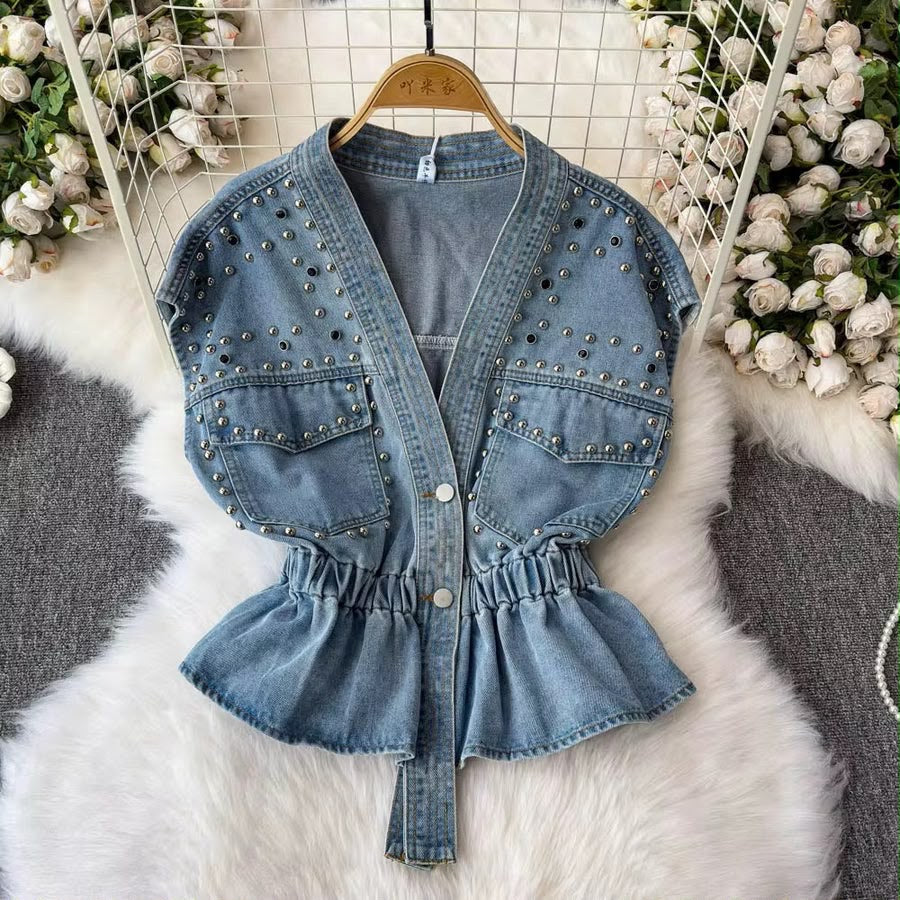 Studded Denim Peplum Top