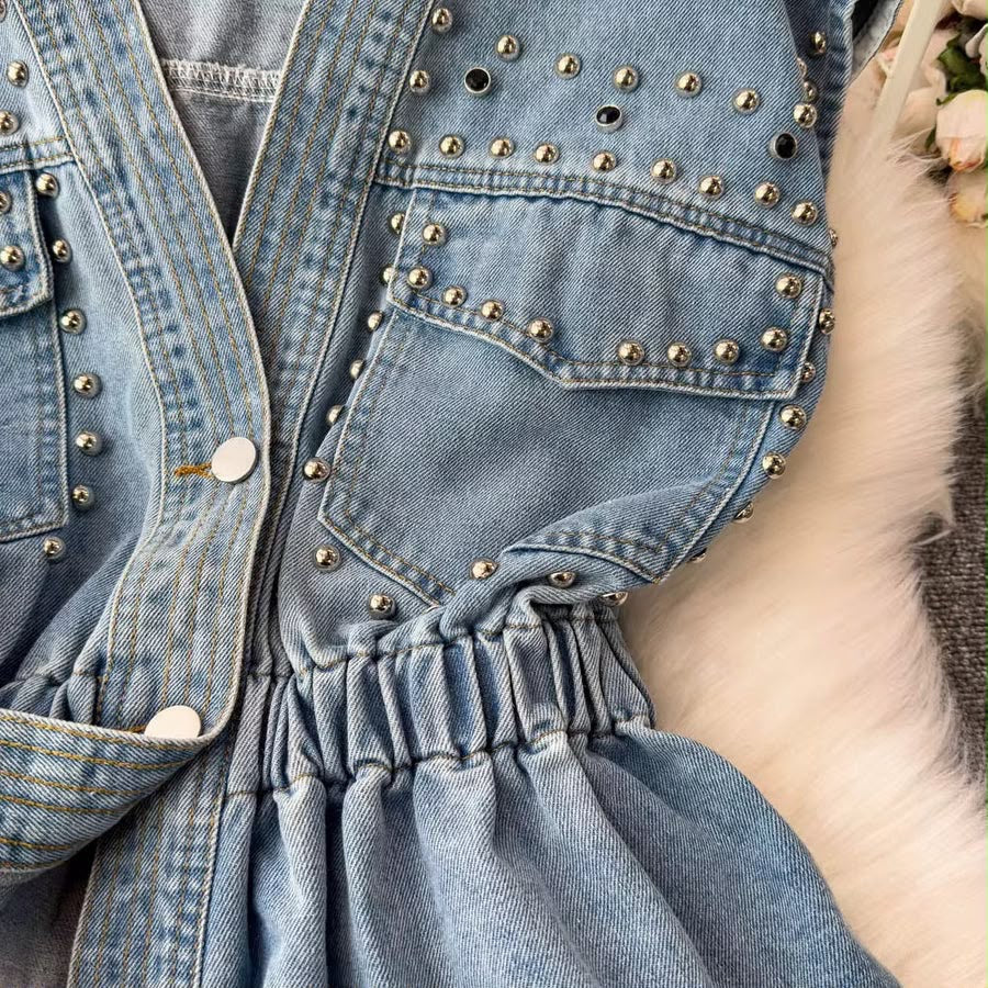 Studded Denim Peplum Top
