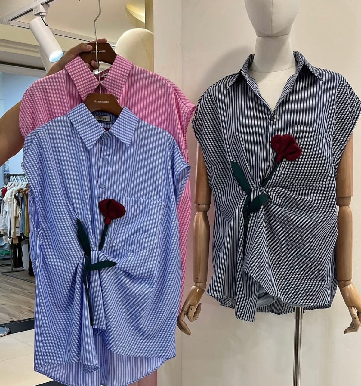 Rose-Accented Striped Sleeveless Shirt