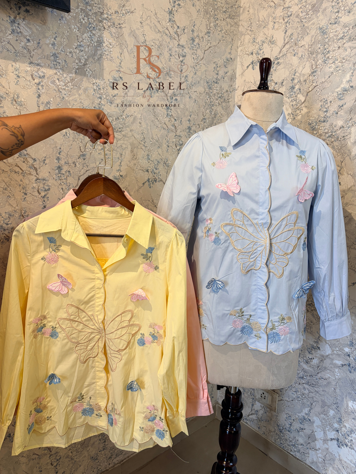 3D Butterfly & Floral Embroidered Scalloped Button-Down Shirt