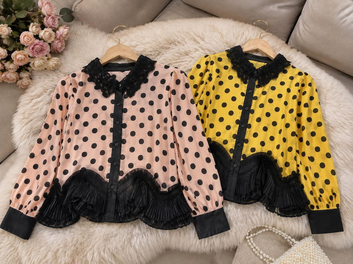 Beaded Collar Polka Dot Blouse