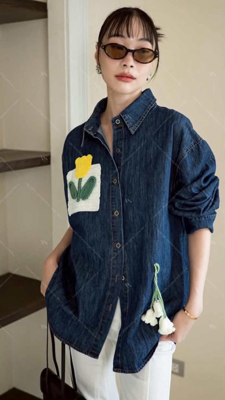 Crochet Floral Denim Shirt