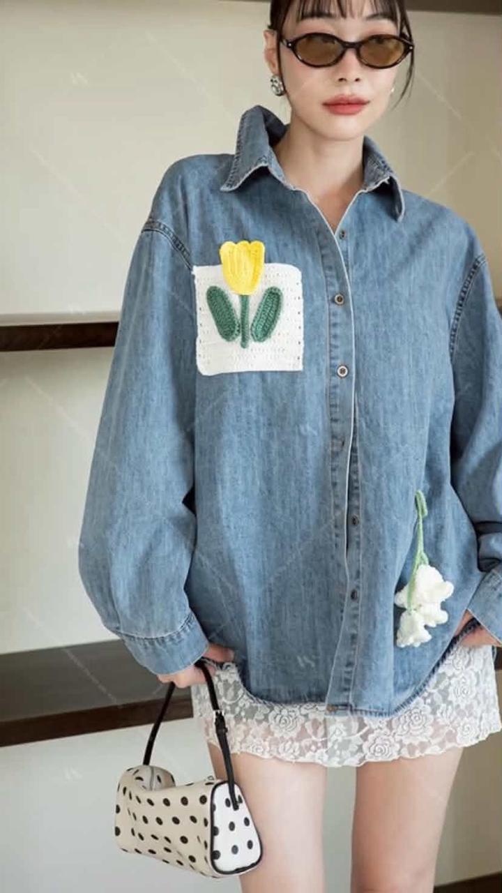 Crochet Floral Denim Shirt